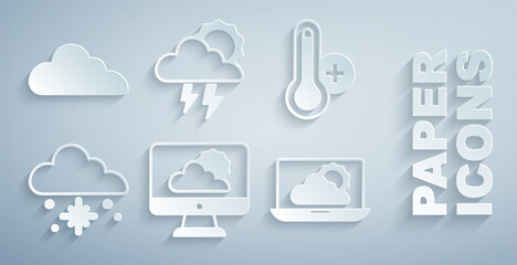Set Weather forecast, Meteorology thermometer, Cloud with snow, Storm and  icon. Vector - obrazy, fototapety, plakaty
