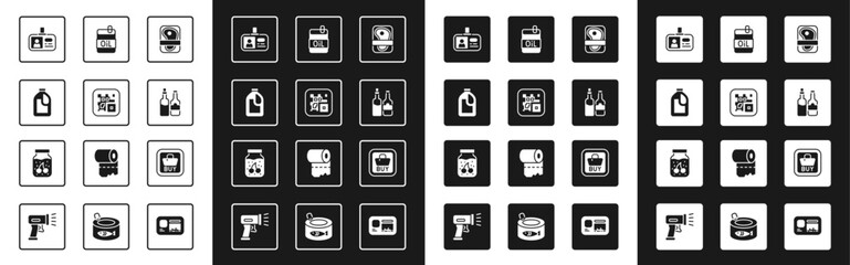 Set Meat packaging steak, QR code, Bottle for cleaning agent, Identification badge, Whiskey bottle, of olive oil, Buy button and Jam jar icon. Vector