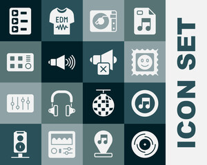 Set Vinyl disk, Music note, tone, LSD acid mark, player with vinyl, Speaker volume, Drum machine, playlist and mute icon. Vector