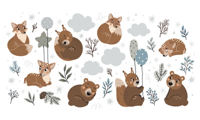 Hand drawn clipart with cute animals: hare, fox, bear, squirrel, deer. Vector illustration, cartoon style