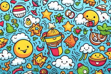 Cartoon cute doodles showcasing a series of adorable summer icons like sun hats and beach balls in a lively and cheerful arrangement, Generative AI
