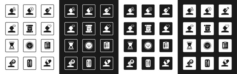 Set Addiction to the drug, Psychology book, Online psychological counseling, Closed personality, Broken heart or divorce, Solution problem psychology, Psychological test and Old hourglass icon. Vector