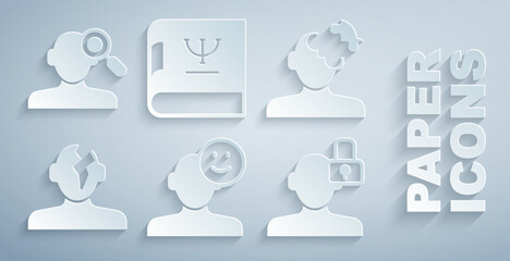 Set Good mood, Solution problem in psychology, Closed personality, Psychology book and Finding icon. Vector