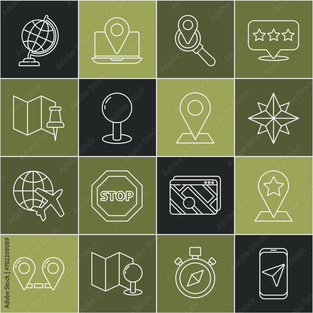 Poster set line city map navigation, map pointer with star, wind rose, search location, push pin, folded pu