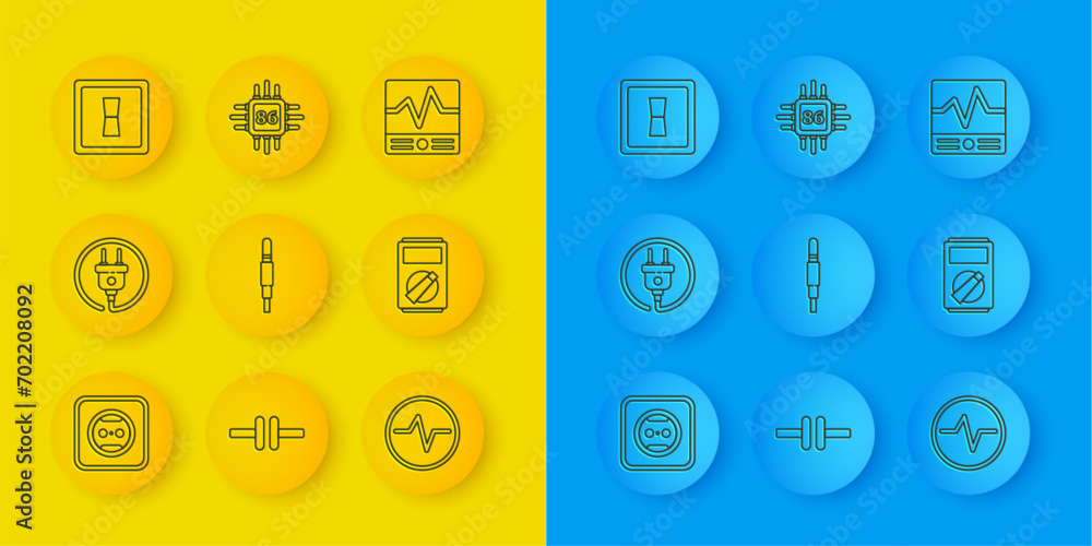 Poster set line electrical outlet, plug, audio jack, circuit scheme, multimeter, light switch, measuring in