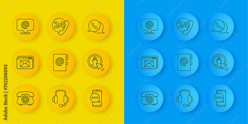 Poster set line telephone, website and envelope, address book, chat messages notification, create account s