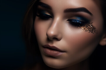 Fototapeta na wymiar Close-up portrait of a beautiful girl with bright make-up and sparkles. Professional Creative Eye Makeup, close-up. Beauty, Fashion, Make Up Concept