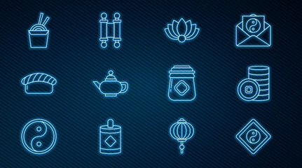 Set line Yin Yang, Chinese Yuan currency, Lotus flower, tea ceremony, Sushi, Asian noodles paper box and chopsticks, Jar of honey and Decree, paper, parchment, scroll icon. Vector