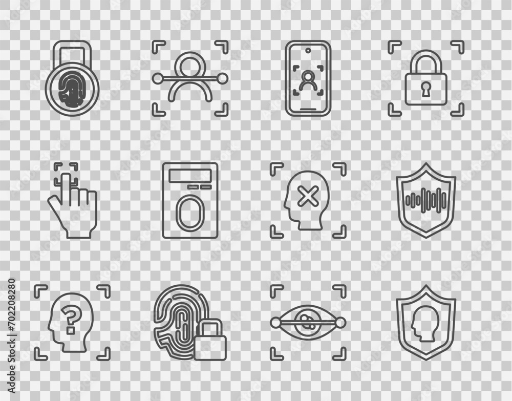 Poster set line face recognition, user protection, mobile and face, fingerprint with lock, eye scan and shi