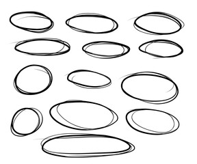Set of hand drawn doodle ellipses. Scribble ovals and bubbles to circle and highlight text. Collection of different brush drawn black circles. Marker round elements isolated on white background.
