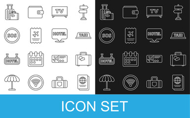 Fototapeta premium Set line Passport, Suitcase, Taxi car roof, Smart Tv, Airline ticket, Location with SOS, and hotel icon. Vector