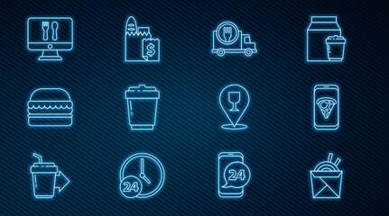 Set line Asian noodles and chopsticks, Food ordering pizza, Fast delivery by car, Coffee cup to go, Burger, Online, Alcohol beer bar location and  icon. Vector