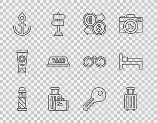 Set line Lighthouse, Suitcase, Money exchange, Anchor, Taxi car roof, Key and Bed icon. Vector