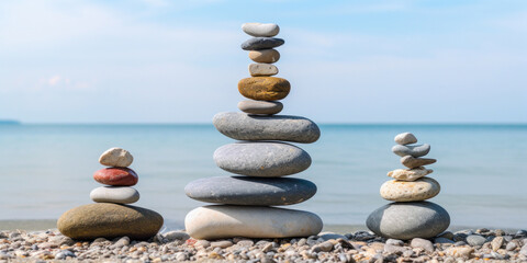 Multiple balanced stone towers standing on a pebble beach with calm sea in the background.