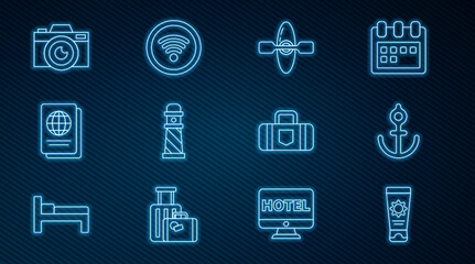 Set line Sunscreen cream in tube, Anchor, Kayak canoe, Lighthouse, Passport, Photo camera, Suitcase and Wi-Fi wireless internet network icon. Vector