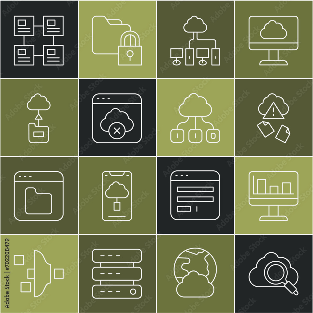 Poster set line search cloud computing, monitor with graph chart, cloud hacking, computer network, failed a