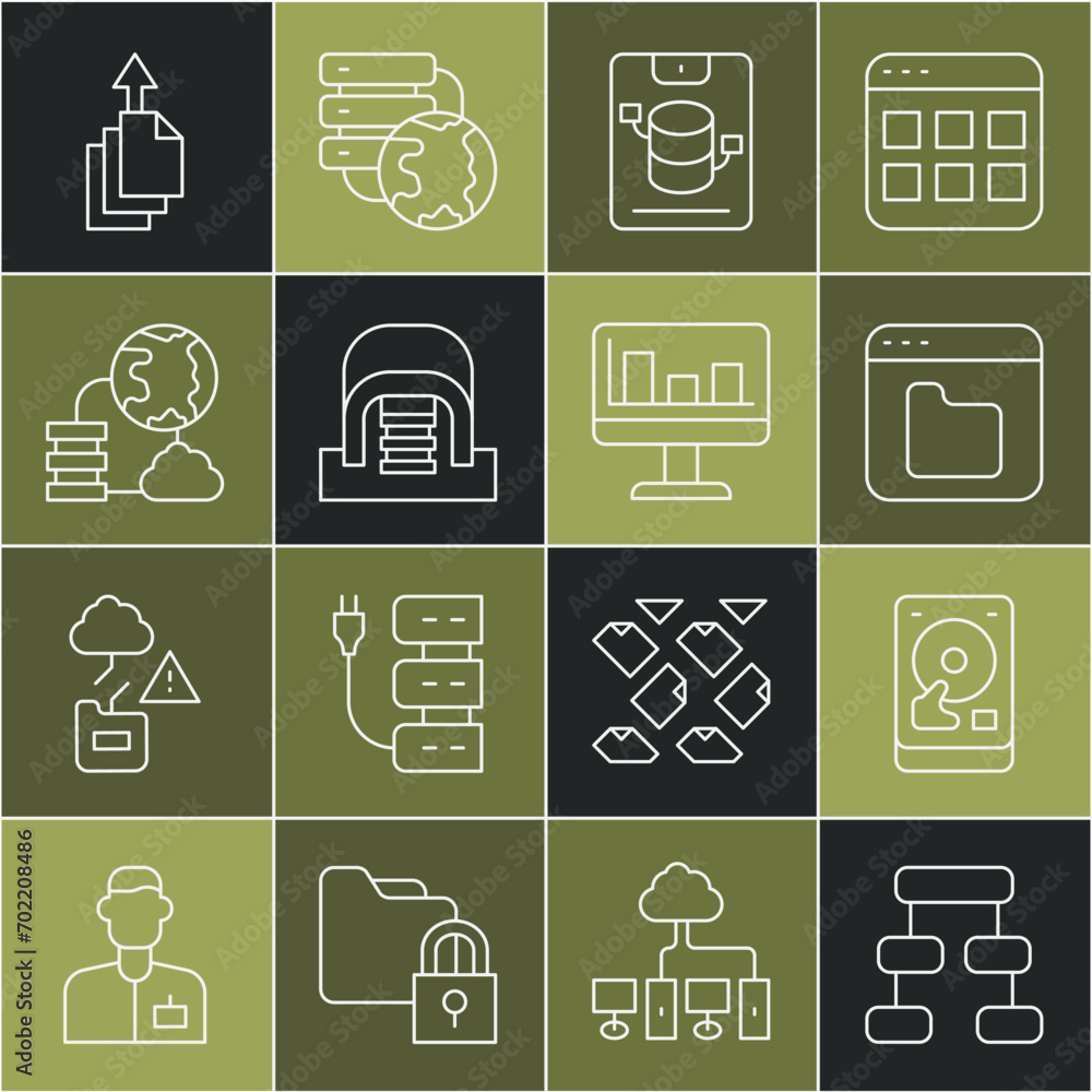 Poster set line hierarchy organogram chart, hard disk drive hdd, browser files, server, data, web hosting, 