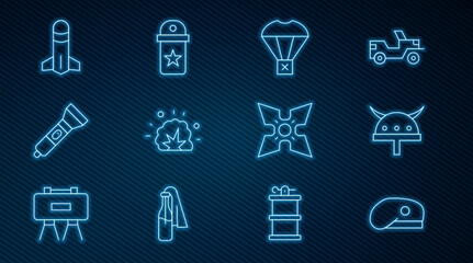 Set line Military beret, Viking in horned helmet, Box flying on parachute, Bomb explosion, Flashlight, Rocket, Japanese ninja shuriken and Chevron icon. Vector