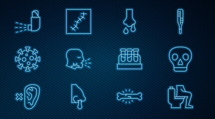 Set line Constipation, Skull, Runny nose, Man coughing, Virus, Inhaler, Test tube with blood and Scar suture icon. Vector