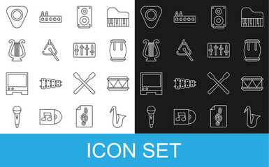 Set line Musical instrument saxophone, Drum, Stereo speaker, Triangle, Ancient lyre, Guitar pick and Sound mixer controller icon. Vector