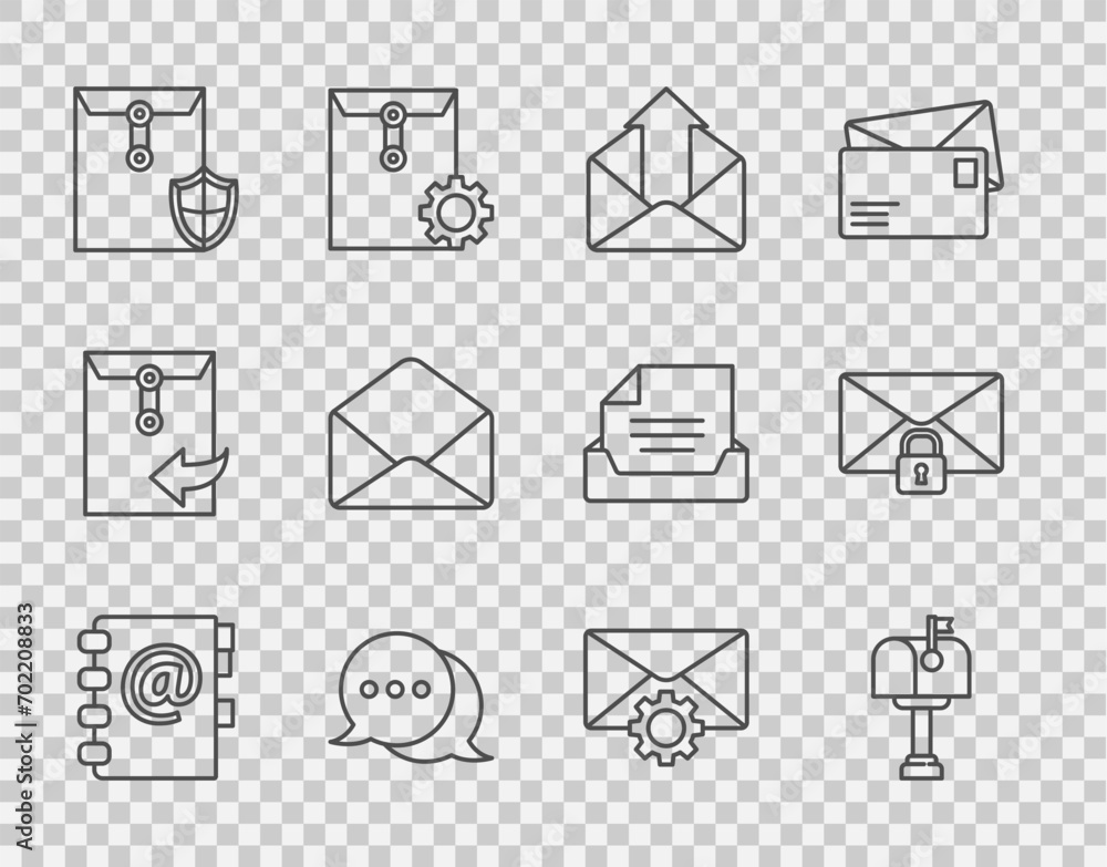 Poster set line address book, mail box, outgoing mail, speech bubble chat, envelope with shield, setting an
