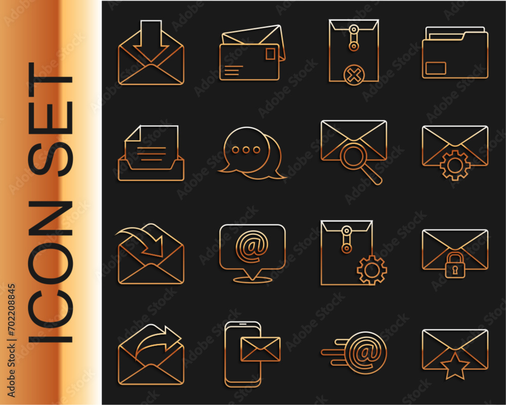 Poster set line envelope with star, mail message lock password, setting, delete envelope, speech bubble cha