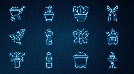 Set line Plant in pot on table, Garden sprayer for fertilizer, Flower glass bottle, Tropical leaves, Wheelbarrow with dirt, Butterfly and Seeds bowl icon. Vector