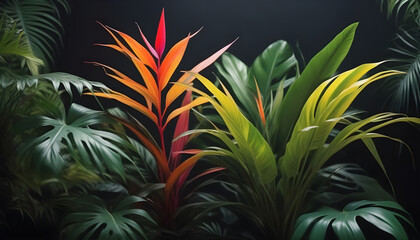 Many brightly colored tropical plants are on a black wall