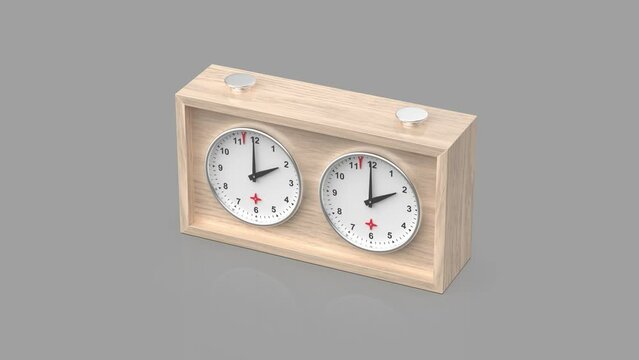 Wooden analog chess clock on a shiny grey background