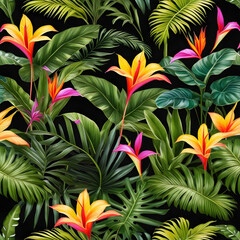 Many brightly colored tropical plants are on a black wall