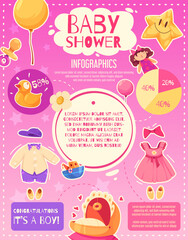 Obraz premium Cartoon baby shower infographic template with baby toys and charts