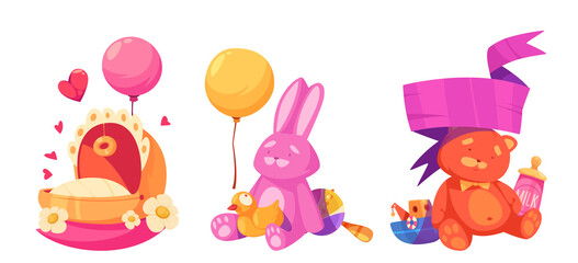 Cartoon baby shower mini illustration with toys and gifts