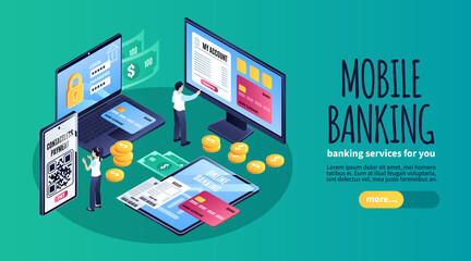 Isometric digital banking services horizontal banner template with business people using big screens