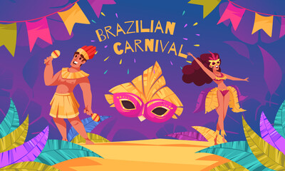 Hand drawn flat cartoon brazilian carnival background with dancer woman and man and carnival mask