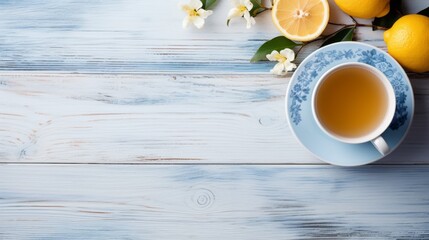 A cup of hot green fragrant tea with lemon and jasmine on a light blue wooden table, a warm cozy...