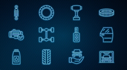Set line Car wash, door, Gear shifter, Chassis car, Check engine, Shock absorber, key with remote and tire wheel icon. Vector