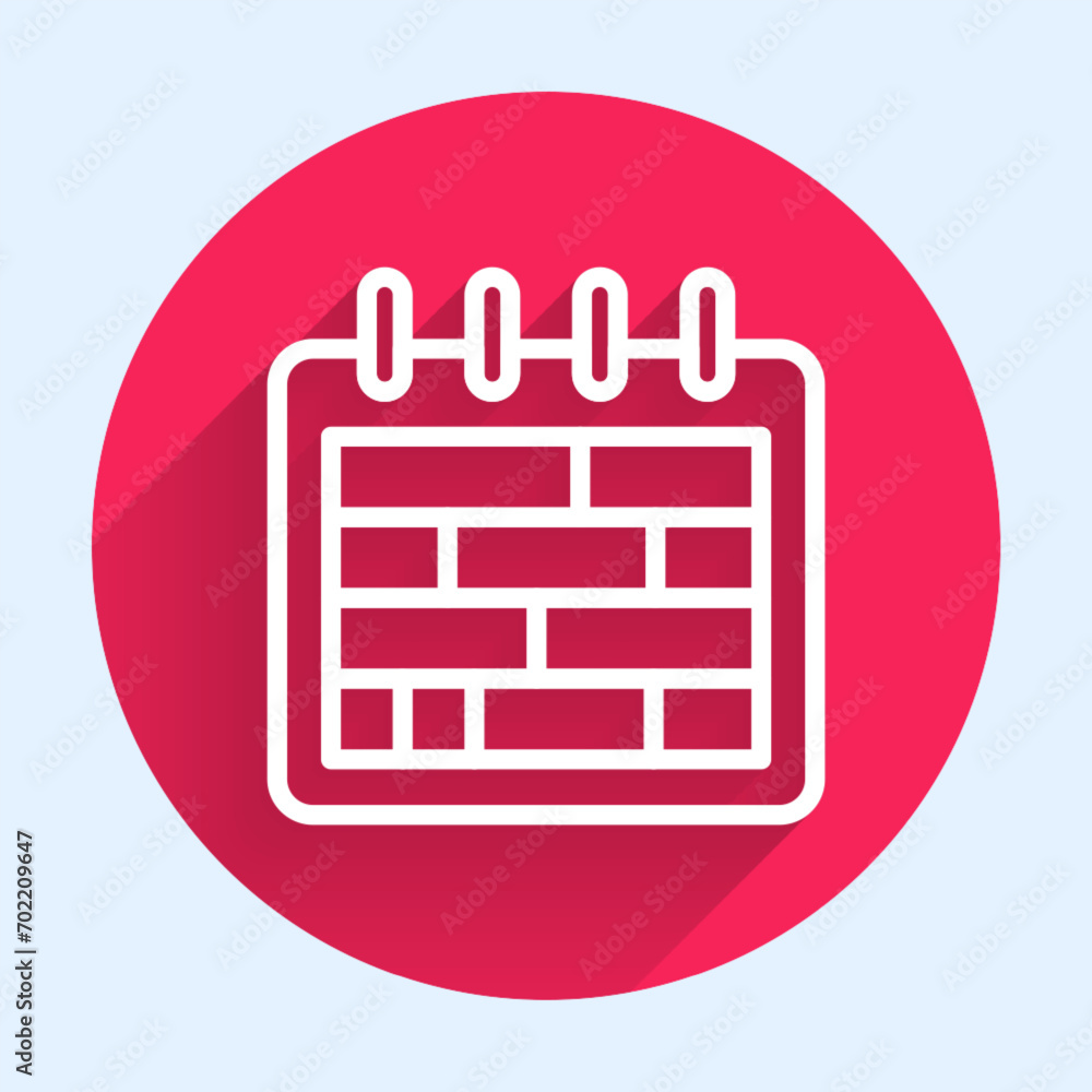 Poster white line calendar icon isolated with long shadow. event reminder symbol. red circle button. vector