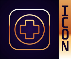 Gold line Hospital signboard icon isolated on black background.  Vector