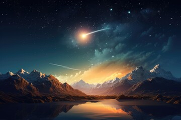 Falling star on night sky during summer night high in mountains. Generative Ai.