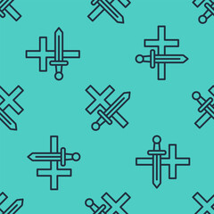Black line Crusade icon isolated seamless pattern on green background.  Vector