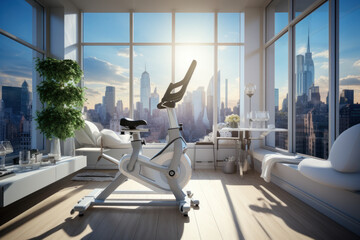 Exercise bike placed in a home gym against the background of a panoramic window. - obrazy, fototapety, plakaty