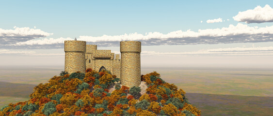 Mittelalterliche Burg auf einem Berg über einer Landschaft