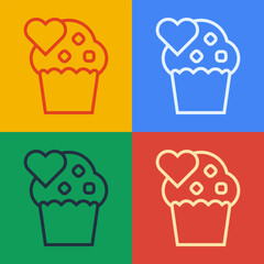 Pop art line Wedding cake with heart icon isolated on color background. Happy Valentines day.  Vector