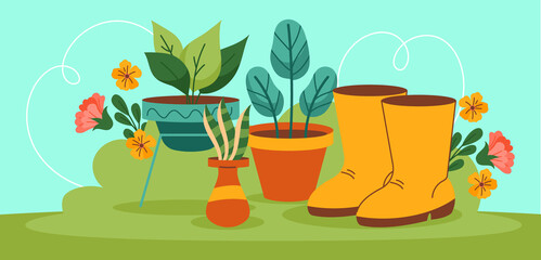 Hand drawn flower and plants illustration background with different plant pot and work boots