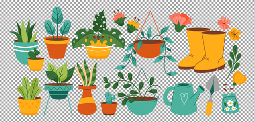 Hand drawn flower and plants set on transparent background with gardening tools - obrazy, fototapety, plakaty