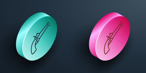Isometric line Vintage pistol icon isolated on black background. Ancient weapon. Turquoise and pink circle button. Vector