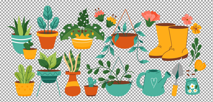 Hand drawn flower and plants set on transparent background with gardening tools