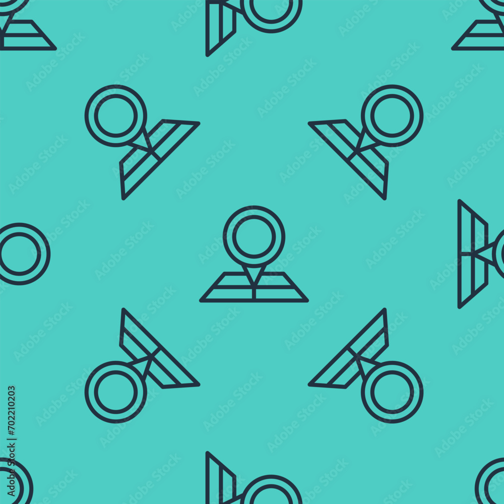 Poster black line folded map with location marker icon isolated seamless pattern on green background. vecto