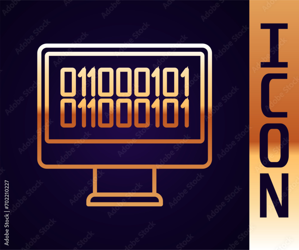 Poster gold line binary code icon isolated on black background. vector