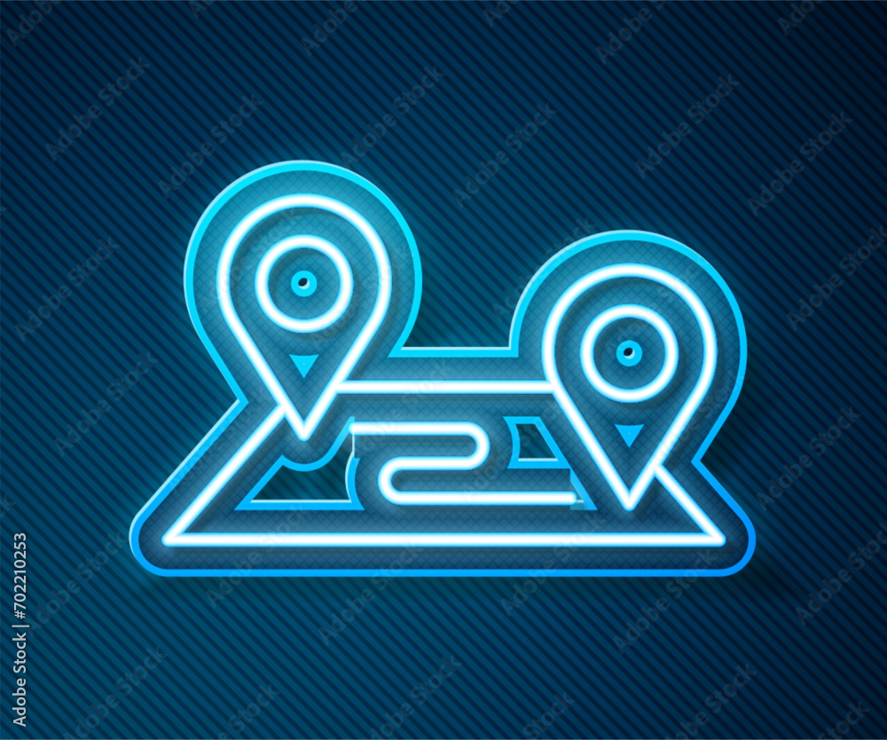 Poster glowing neon line route location icon isolated on blue background. map pointer sign. concept of path